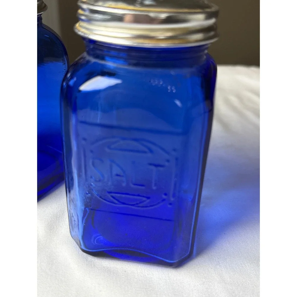 Vintage Cobalt Blue Glass Salt and Pepper Shakers Set Embossed Square Jars